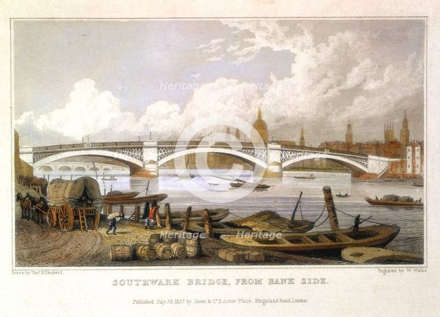 'Southwark Bridge from Bank Side', London, 1817. Creator: Thomas Hosmer Shepherd.