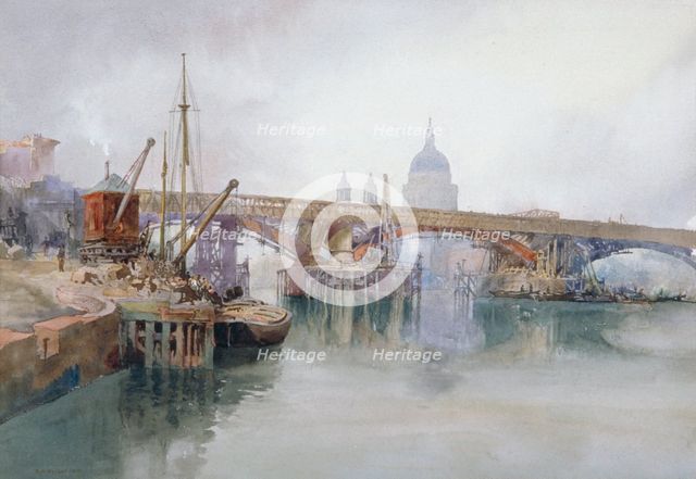 'Southwark Bridge in Course of Demolition', 1915. Artist: Richard Henry Wright