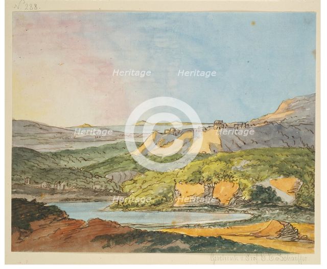 Southern landscape by the sea with wooded hills and a body of water in the foreground, 1787. Creator: Johann Wolfgang von Goethe.