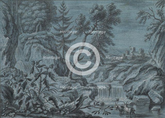 Southern Landscape with a Waterfall and Goats, late 18th century. Creator: Attributed to Ferdinand Kobell.