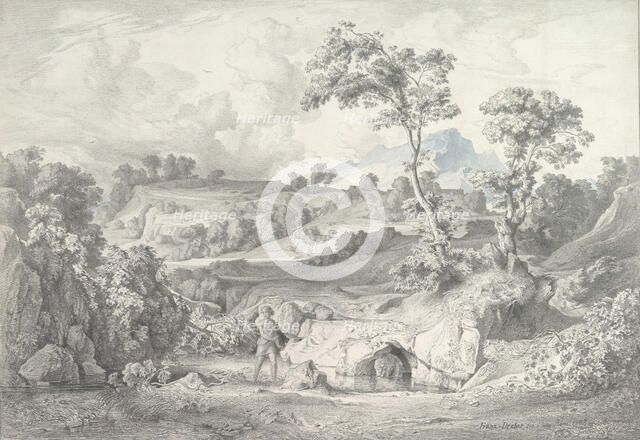 Southern landscape with a man and a snake, 1847. Creator: Heinrich Dreber.