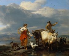 Southern Landscape with Shepherdess and Mule-rider at a Ford, 1672. Creator: Nicolaes Berchem