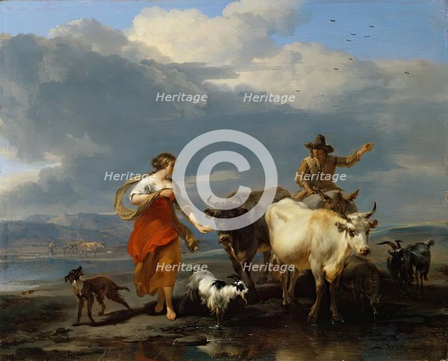 Southern Landscape with Shepherdess and Mule-rider at a Ford, 1672. Creator: Nicolaes Berchem.