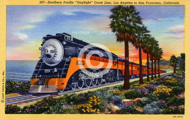 Southern Pacific 'Daylight' Coast Line, Los Angeles to San Francisco, California, USA, 1940. Artist: Unknown