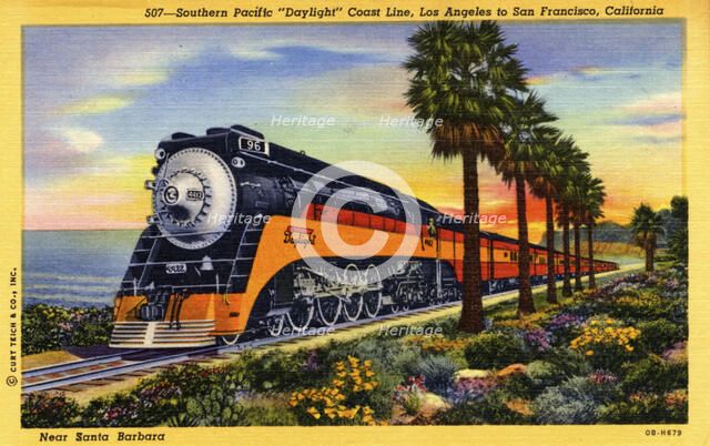 Southern Pacific Daylight Coast Line, Los Angeles to San Francisco, California, USA, 1940. Artist: Unknown