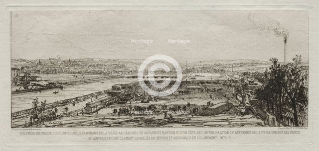 Souvenir artistiques du Siège de Paris: Vue prise du viaduc du Pont-du-Jour..., 1870-71. Creator: Maxime Lalanne (French, 1827-1886); Cadart et Luce.