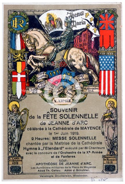 Souvenir of a festival to honour Joan of Arc, staged at Mainz Cathedral, Germany, 1919. Artist: Unknown
