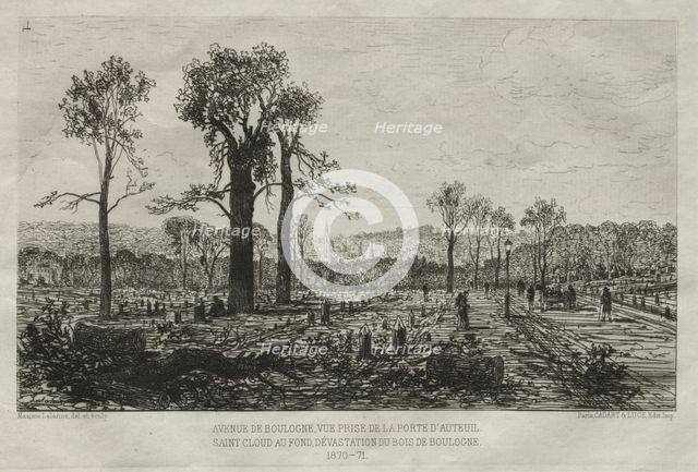 Souvenirs artistiques du Siége du Paris: Avenue de Boulogne, Vue Prise de la porte dAuteuil..., 1879 Creator: Maxime Lalanne (French, 1827-1886); Cadant and Luce.