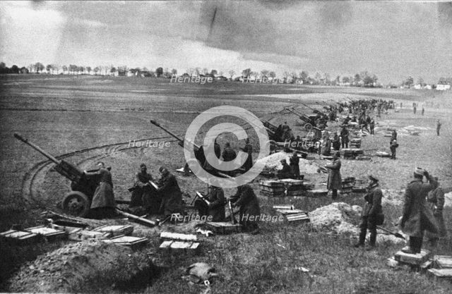 Soviet artillery at the Seelow Heights, April 1945 Artist: Anonymous  
