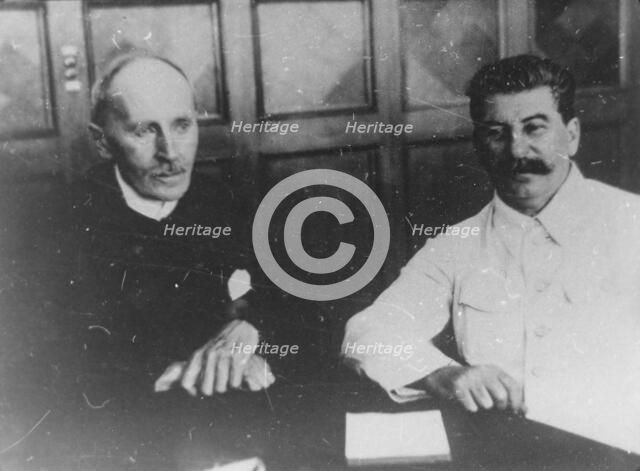Soviet leader Josef Stalin with French writer Romain Rolland, Moscow, USSR, 28 June 1935. Artist: Unknown