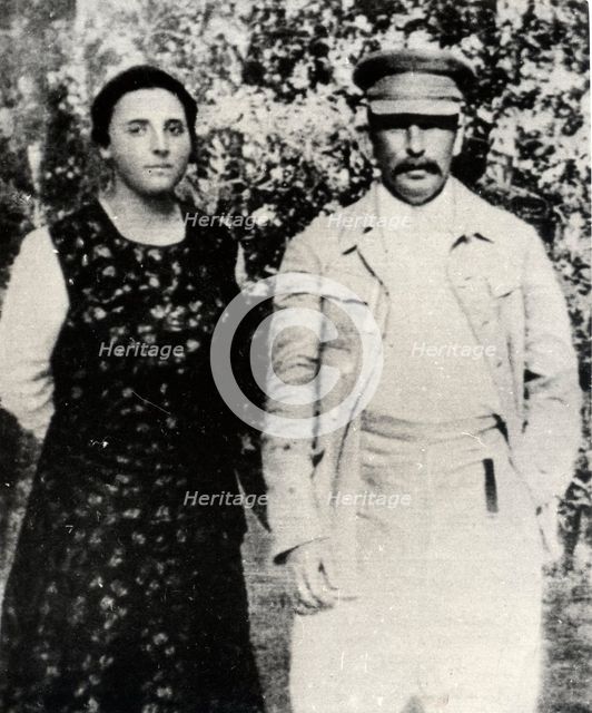 Soviet leader Josef Stalin with his second wife Nadezhda Alliluyeva, late 1920s. Artist: Unknown