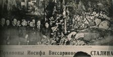Soviet leaders visit the flower-decked bier of Stalin in Moscow's Hall of Columns. Behind the chief