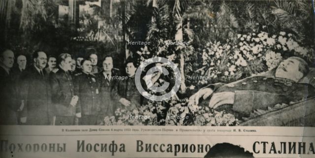 'Soviet leaders visit the flower-decked bier of Stalin in Moscow's Hall of Columns. Behind the chief Artist: Unknown.