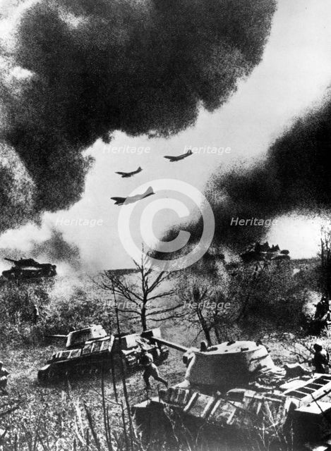 Soviet tanks and aircraft launching an attack, Russia, 1943. Artist: Unknown