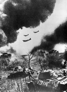 Soviet tanks and aircraft launching an attack, Russia, 1943