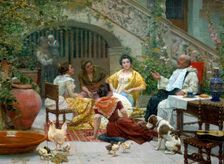 Social gathering in the courtyard oil by Eugenio Dumont