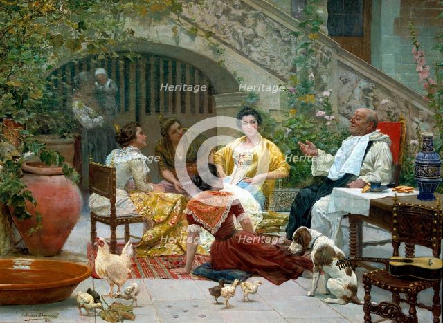 Social gathering in the courtyard', oil by Eugenio Dumont.