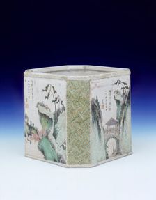 Soft paste famille verte brush pot, middle period, Qing Dynasty, Kangxi, China, 1683-1700. Creator: Unknown