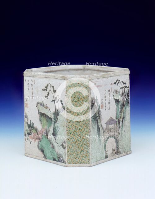 Soft paste famille verte brush pot, middle period, Qing Dynasty, Kangxi, China, 1683-1700. Creator: Unknown.