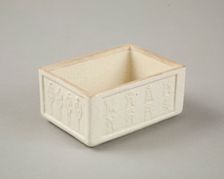 Soft paste rectangular vessel with characters in relief, early 19th century. Creator: Unknown