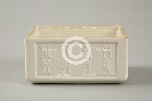 Soft paste rectangular vessel with characters in relief, early 19th century. Artist: Unknown.