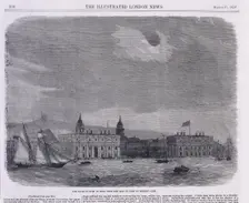 Solar eclipse seen over the Royal Observatory, Greenwich, 1858. Creator: Unknown