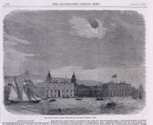 Solar eclipse seen over the Royal Observatory, Greenwich, 1858. Creator: Unknown
