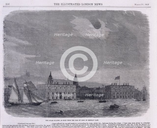 Solar eclipse seen over the Royal Observatory, Greenwich, 1858.  Creator: Unknown.