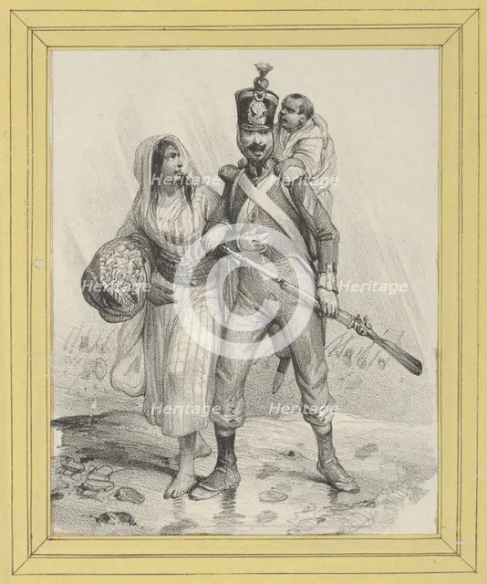 Soldier with a woman on his arm and a child on his back, mid-19th century.. Creator: Victor Adam.