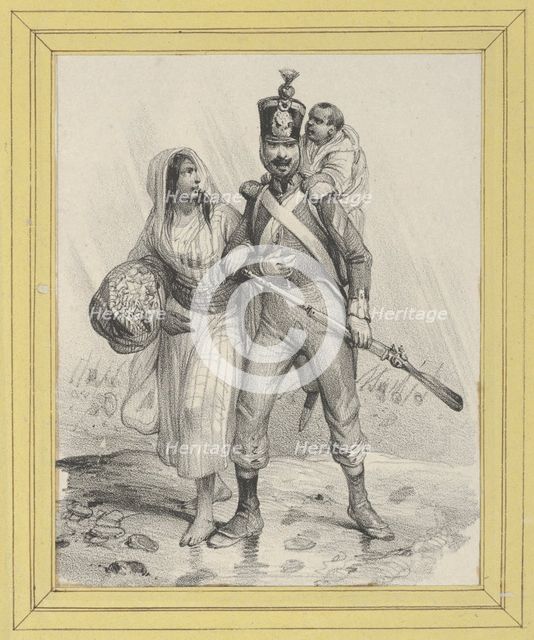 Soldier with a woman on his arm and a child on his back, mid-19th century.. Creator: Victor Adam.