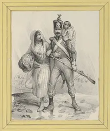Soldier with a woman on his arm and a child on his back, mid-19th century.. Creator: Victor Adam