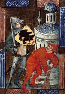 Soldier with sword, and man with broom, c1405. Creator: Unknown
