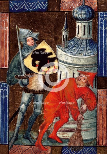 Soldier with sword, and man with broom, c1405.  Creator: Unknown.
