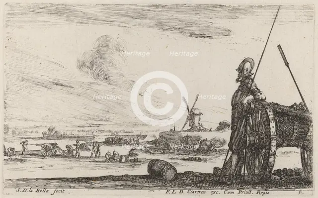 Soldier in Armor and a Cannon, c. 1641. Creator: Stefano della Bella.