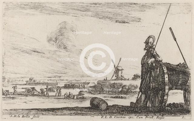 Soldier in Armor and a Cannon, c. 1641. Creator: Stefano della Bella.