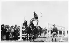 Soldier performing equestrian acrobatics, Fort Sheridan, Illinois, USA, 1940