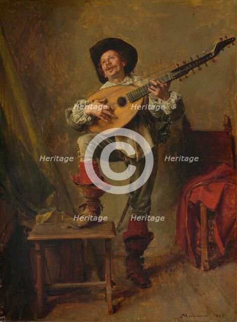 Soldier Playing the Theorbo, 1865. Creator: Jean Louis Ernest Meissonier.