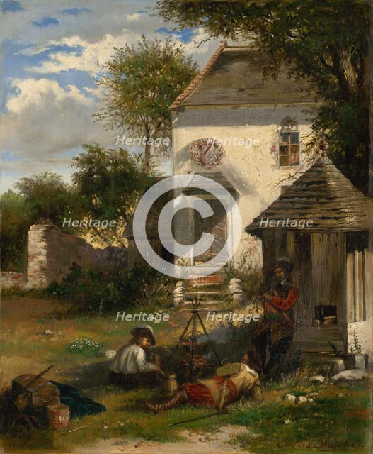 Soldiers camping in a nobleman's yard, scene from the Thirty Years' War, 1871. Creator: Eduard Majsch.