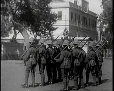 Soldiers Carrying Rifles Patrolling Outside the Egyptian Palace After the Assassination of ..., 1924 Creator: British Pathe Ltd