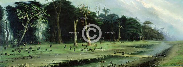 Soldiers cutting branches near a river.