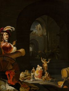 Soldiers and Other Figures among the Ruins of a Castle, with a Self-Portrait of the Artist... Creator: Karel Slabbaert