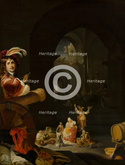 Soldiers and Other Figures among the Ruins of a Castle, with a Self-Portrait of the Artist... Creator: Karel Slabbaert.