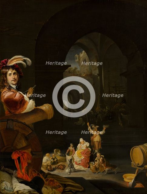 Soldiers and Other Figures among the Ruins of a Castle, with a Self-Portrait of the Artist... Creator: Karel Slabbaert.