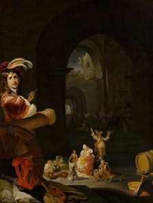 Soldiers and Other Figures among the Ruins of a Castle, with a Self-Portrait of the Artist... Creator: Karel Slabbaert