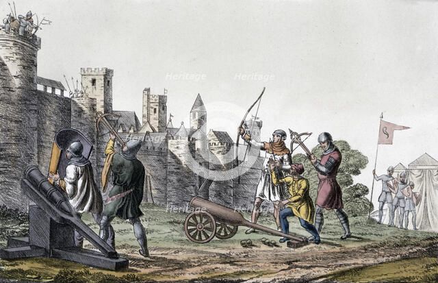 Soldiers and artillery of the 15th century besieging a walled town, 19th century. Artist: Unknown