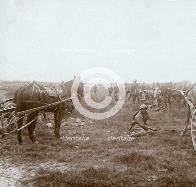 Soldiers and horse-drawn artillery, c1914-c1918. Artist: Unknown.