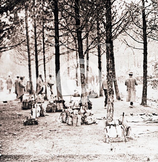 Soldiers and packs in woods, c1914-c1918. Artist: Unknown.