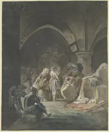 Soldiers and sutlers in a vaulted room with barrels and crates, 18th century. Creator: Gottlieb Welte