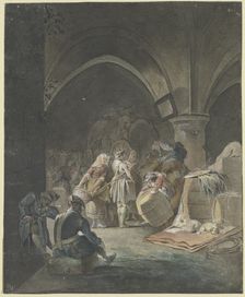 Soldiers and sutlers in a vaulted room with barrels and crates, 18th century. Creator: Gottlieb Welte