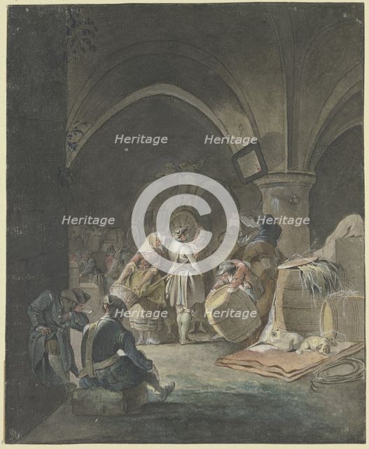 Soldiers and sutlers in a vaulted room with barrels and crates, 18th century. Creator: Gottlieb Welte.